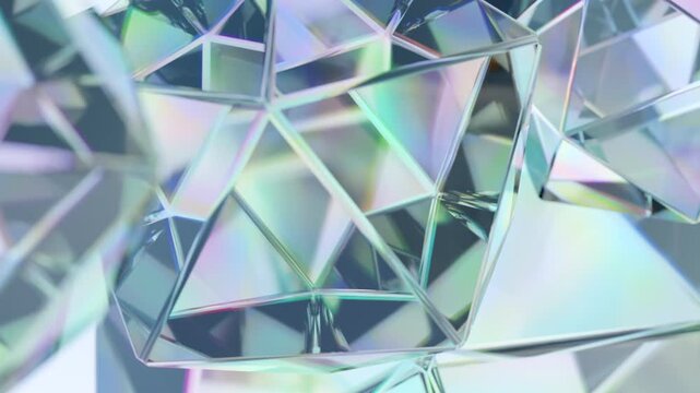 Stylish background with a polygonal crystal shape. A 3D abstraction of a geometric jewelry surface. Scenes with Spectrum color reflection crystals in the background. 