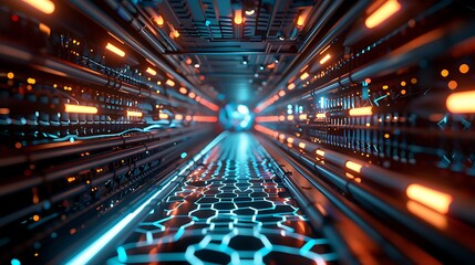 Futuristic Cyberpunk Tunnel with Glowing Blue Hexagonal Patterns