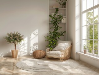 Serene Scandinavian Reading Nook in Bright Minimalist Interior with Cozy Vibes and Natural Light