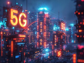 Obraz premium Futuristic cityscape illuminated by neon lights and 5G technology, showcasing a vibrant, digital urban environment.