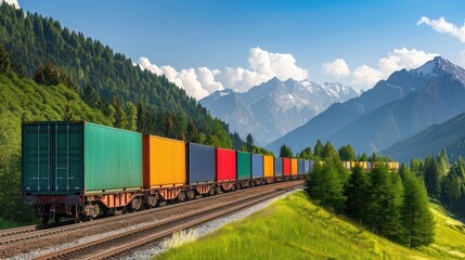 Fototapeta premium Colorful freight train traveling through scenic mountain landscape under blue sky with fluffy clouds.