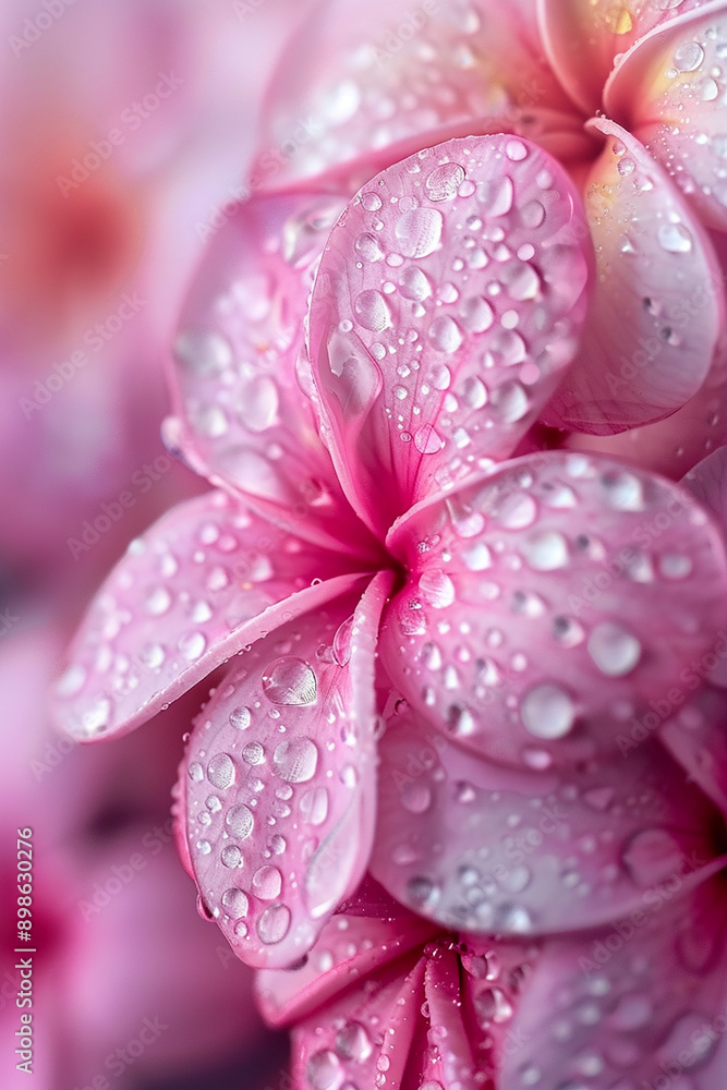 Poster close-up of pink flowers with dewdrops, capturing the delicate beauty and freshness of nature.