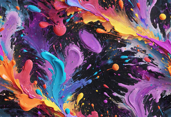 Abstract Paint Strokes and Splatter. Colorful liquid paint background texture. 