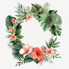 Fototapeta premium Vibrant tropical floral wreath featuring lush leaves and colorful flowers, perfect for invitations and decorations.
