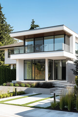A modern, minimalist house with large windows and a well-manicured lawn, symbolizing contemporary living.