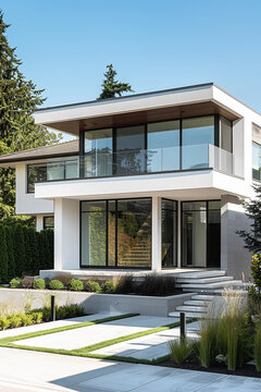 A modern, minimalist house with large windows and a well-manicured lawn, symbolizing contemporary living.