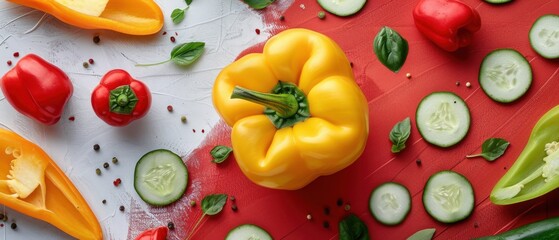Naklejka premium Fresh Colorful Bell Peppers and Cucumbers on a Red and White Background with Basil Leaves and Peppercorns