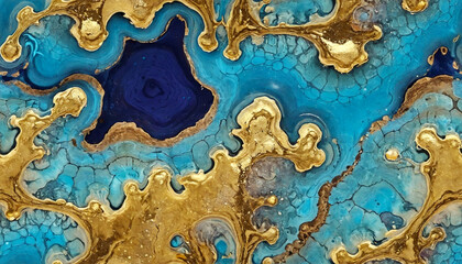 Abstract Blue and Gold Fluid Art Background. Marble Texture with Metallic Gold Accents. Luxury Blue and Gold Marbled Pattern. Modern Abstract Painting with Metallic Elements.
