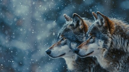 Fototapeta premium Two wolves gazing into the distance in a snowfall in the Rocky Mountains