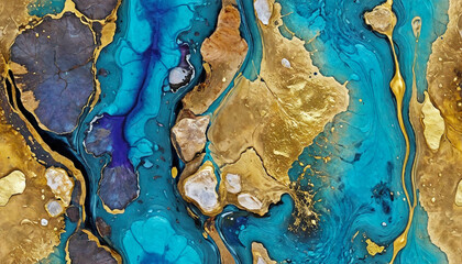 Abstract Blue and Gold Fluid Art Background. Marble Texture with Metallic Gold Accents. Luxury Blue and Gold Marbled Pattern. Modern Abstract Painting with Metallic Elements.