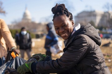 Fototapeta premium A young volunteer smiles brightly while engaging in a community cleanup, helping to remove litter in a vibrant urban park with the Capitol in the background.