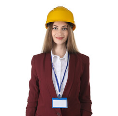 Engineer in hard hat on white background