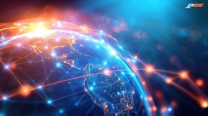 Global Tech Earth: 3D Digital Connected Network Background with Networking, Line Lights, Data Transmission, Transfer Speed, Internet, Triangle Digital Data, Worldwide Big Data Cloud