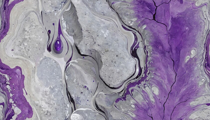 Abstract liquid paint texture background with purple and gray colors.  Luxury metallic silver fluid movement mineral deposit artistic elements.