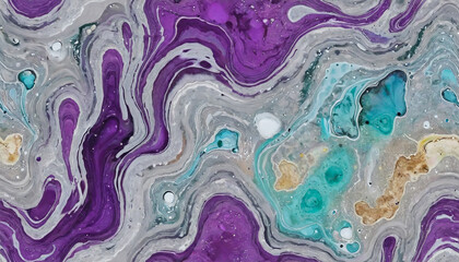 Abstract liquid paint texture background with purple, teal, blue, white,and gray colors.  Luxury metallic silver fluid movement mineral marbled deposit artistic elements.
