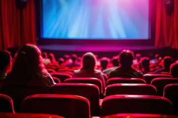 An eager audience sits in plush red seats, entranced by a vibrant display on stage, enveloped in enchanting colors and dim lighting.