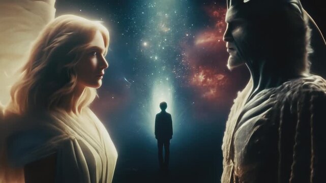 Christian angel standing against Devil, guardian angel protecting human soul with galaxy bacground.Good against evil, faith, opposing powers, life choices concept. Right and wrong choice. Decision. 