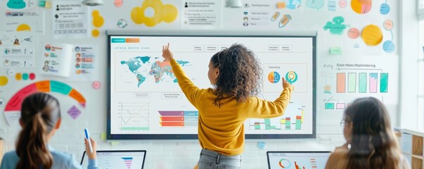 Young woman presenting data on a digital screen in a modern conference room