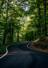 Fototapeta premium A road meandering through a forest with green foliage