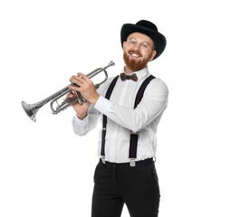 Fototapeta premium Smiling musician with trumpet on white background