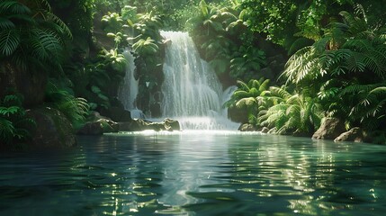 Naklejka premium A serene waterfall cascading into a clear pool, with lush greenery all around.
