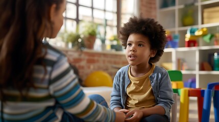 A speech therapist working with a child on pronunciation exercises.