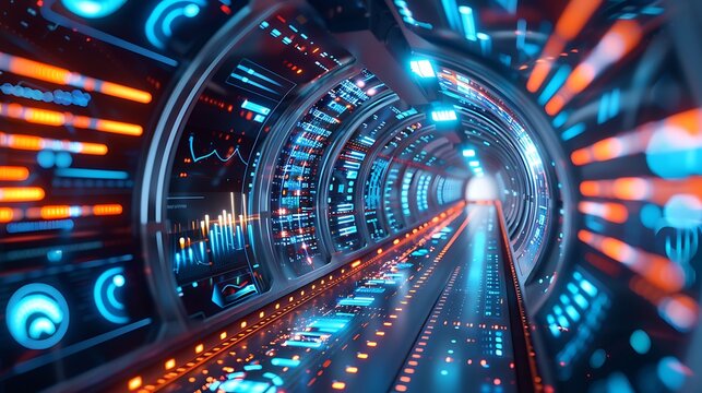 Futuristic Holographic Tunnel with Digital Interface and Data Charts