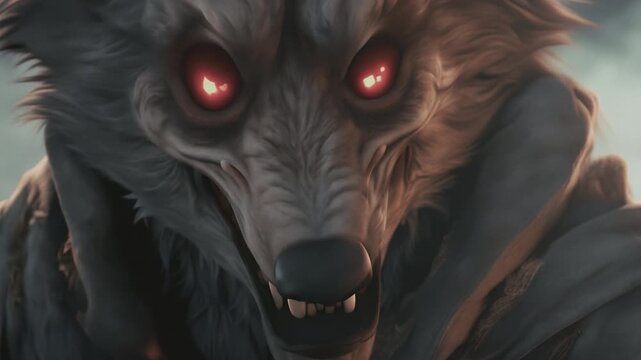 Werewolf with glowing eyes. Mythical beast from Slavic folklore. Fantasy animation. Fable, fairytale concept. Halloween theme. High quality 4k footage