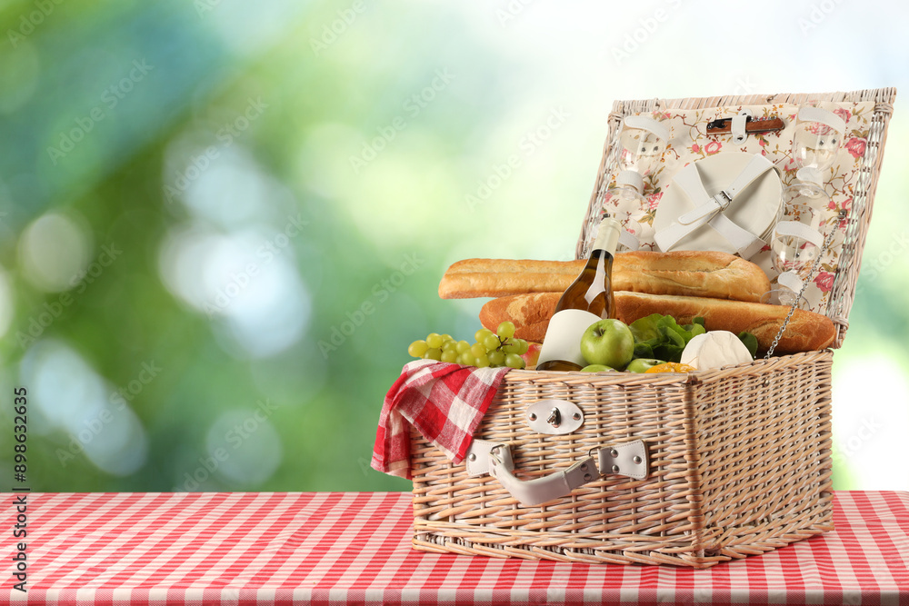 Sticker Picnic basket with foods and wine on table in nature. Space for text