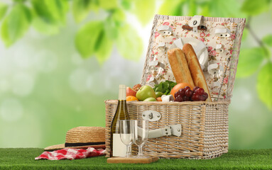 Picnic basket with foods and wine on green grass outdoors. Space for text