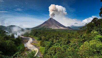 Un imponente volcán activo rodeado de selva tropical