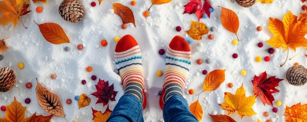 Person wearing colorful striped socks standing on snow with autumn leaves and pine cones