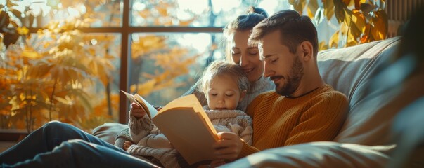 Happy family reading together on cozy sofa in sunlight, autumn atmosphere