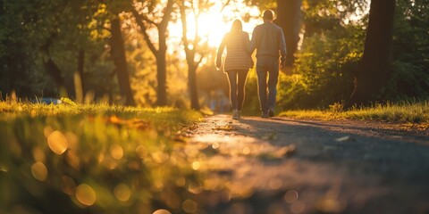 old man and woman walking in green summer park, well being lifestyle