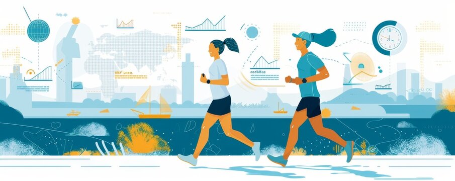 Illustration of two women jogging outdoors with cityscape background and infographics depicting fitness data - Powered by Adobe