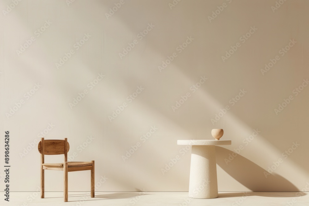 Poster a wooden chair and a white table sit in a minimalist room, illuminated by sunlight streaming through