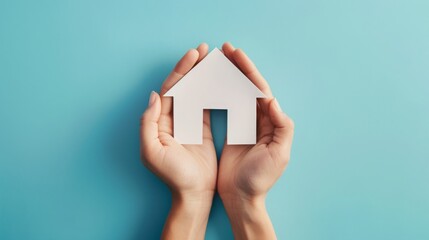 hands holding paper house cutout , paper house cutout blue background , blue background paper house