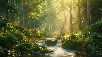 Obraz premium A tranquil forest glade with a small stream, moss-covered rocks, and sunlight filtering through the trees.