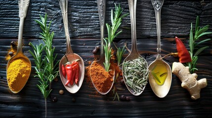 A row of spoons with various spices on a wooden table