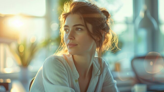 Young woman working in a bright, minimalist office setting with sunlit background
