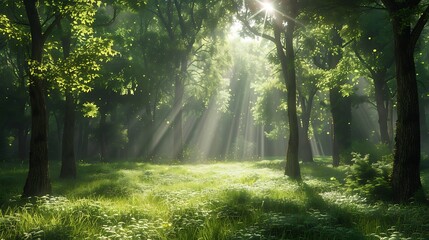 Fototapeta premium A tranquil forest glade with sunlight filtering through the trees, casting dappled shadows on the ground.