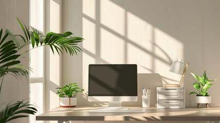 Fototapeta premium Empty workplace with desk and plant in office room, copy space. work from an atmospheric home office full of green plant.
