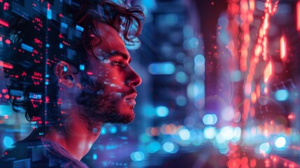 Side profile of a man amidst futuristic city lights and digital data overlay