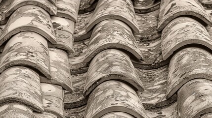 Captivating high angle shot of tiled roof with intricate pattern detail in sunlight