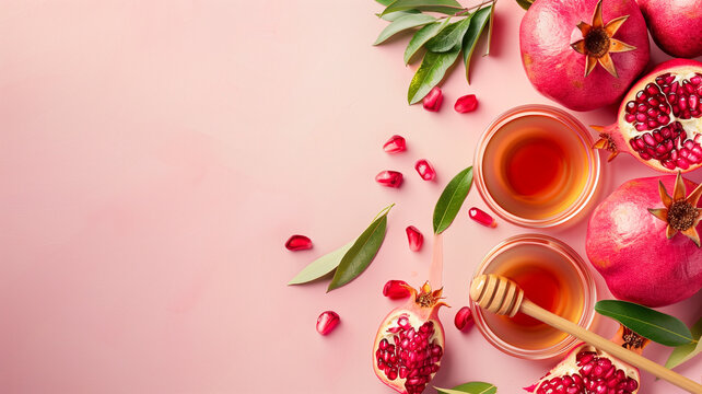 Rosh hashanah, jewish new year holiday, background with pomegranate and honey, traditional food for celebration 