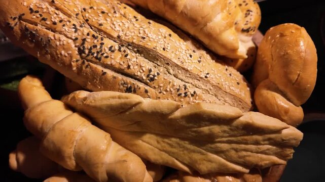 4k slow motion video footage of Various types of bread on display in a bakery or pastry such as croissants and danish. Modern bakery with different kinds of Loaf, bread, cakes and buns.