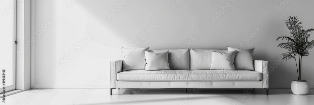 Aufkleber a white sofa sits in a minimalist living room with a large window and a palm plant. generative ai