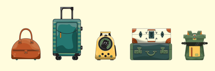 Modern And Vintage Travel Bag Collection Isolated On White. Set Of Plastic And Leather Business Case. Trolley On Wheels. Travel Backpack, Urban Baggage And luggage. Vector Illustration In Flat Style