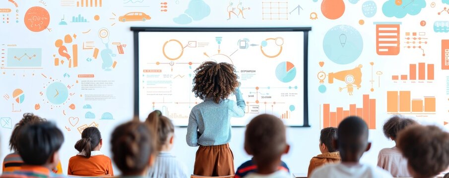 Illustration of teacher giving presentation to diverse students on big screen - Powered by Adobe