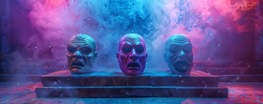 Mysterious display of theatrical masks in a smoky and eerie environment